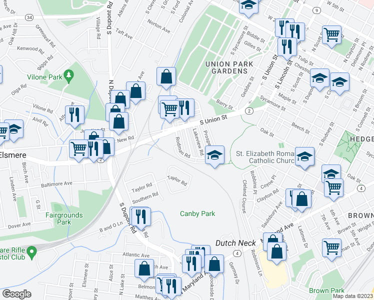 map of restaurants, bars, coffee shops, grocery stores, and more near 1910 Seneca Road in Wilmington
