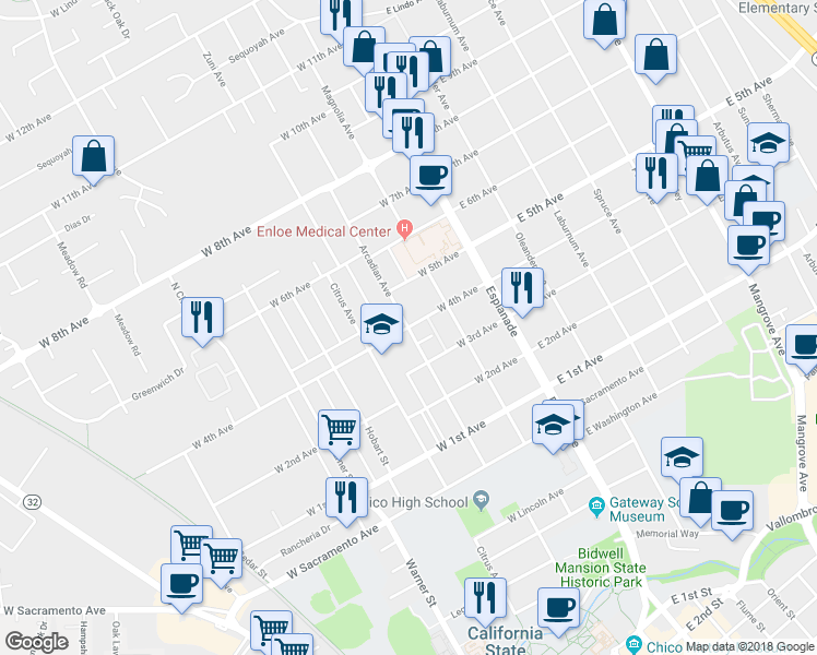 map of restaurants, bars, coffee shops, grocery stores, and more near Arcadian Avenue & West 4th Avenue in Chico