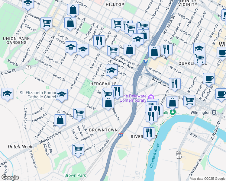 map of restaurants, bars, coffee shops, grocery stores, and more near 429 South Van Buren Street in Wilmington