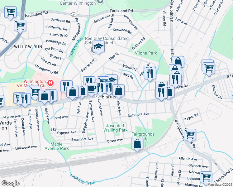 map of restaurants, bars, coffee shops, grocery stores, and more near 912 New Road in Elsmere