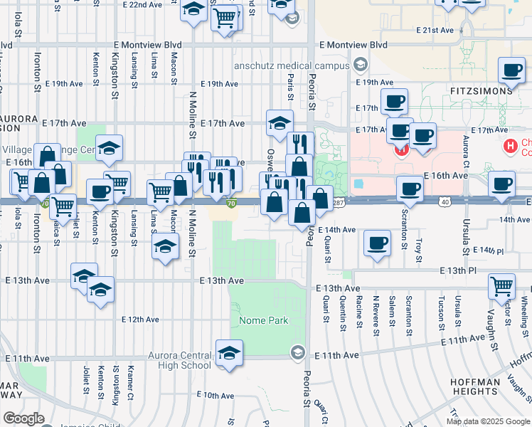 map of restaurants, bars, coffee shops, grocery stores, and more near 11818 East Colfax Avenue in Aurora