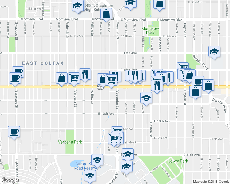 map of restaurants, bars, coffee shops, grocery stores, and more near 8900 East Colfax Avenue in Aurora