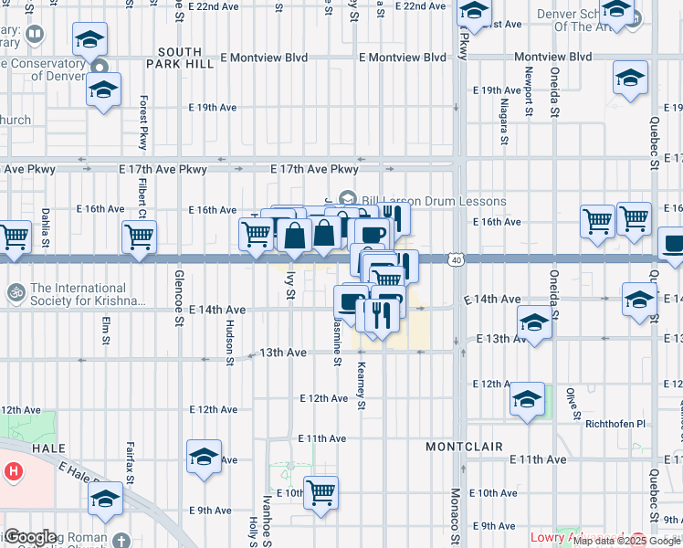 map of restaurants, bars, coffee shops, grocery stores, and more near 1459 Kearney Street in Denver