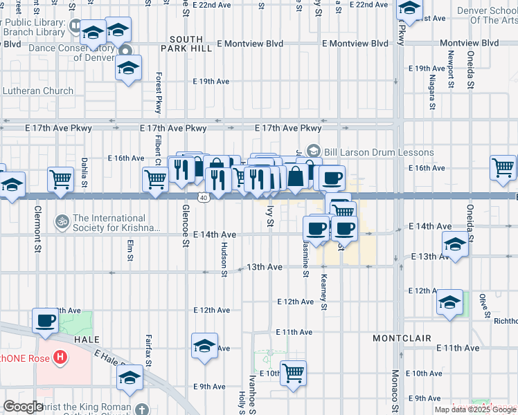 map of restaurants, bars, coffee shops, grocery stores, and more near 1465 Ivanhoe Street in Denver