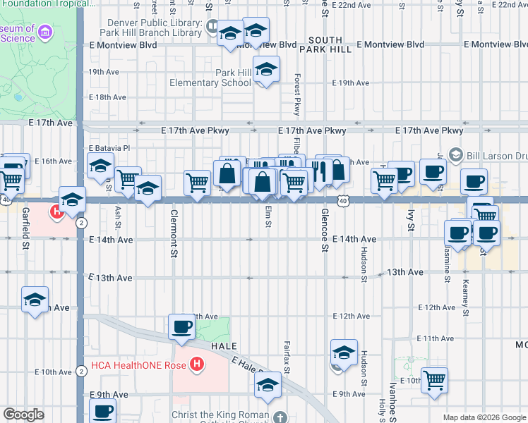 map of restaurants, bars, coffee shops, grocery stores, and more near 1465 Elm Street in Denver