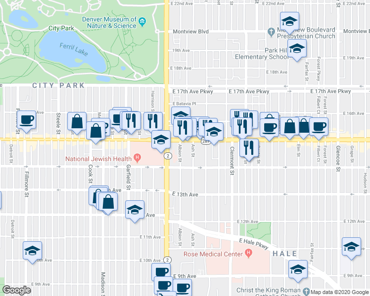 map of restaurants, bars, coffee shops, grocery stores, and more near 1469 Ash Street in Denver