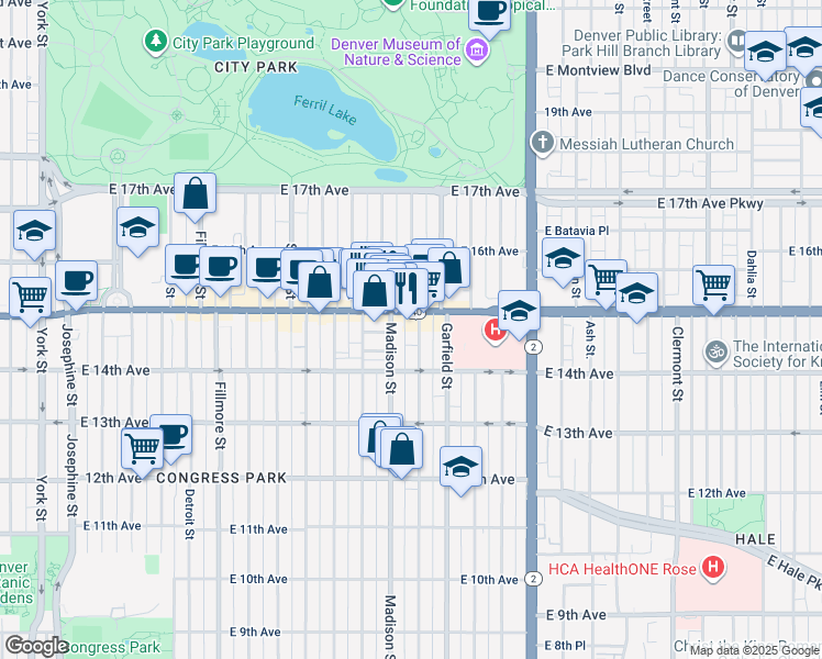 map of restaurants, bars, coffee shops, grocery stores, and more near 1456 Madison Street in Denver