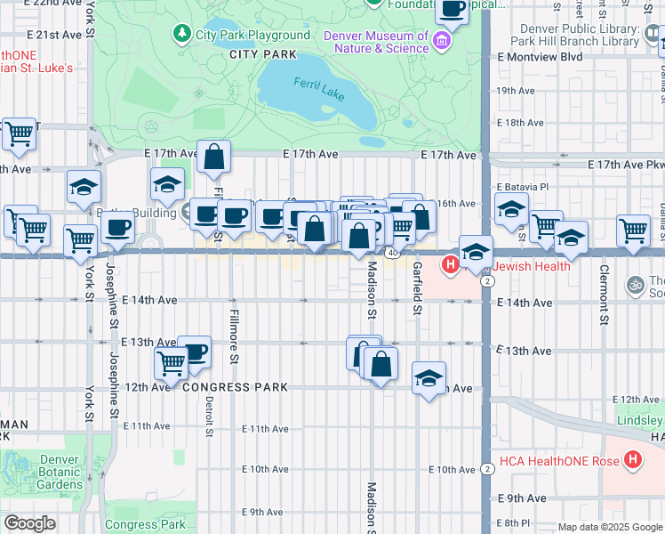map of restaurants, bars, coffee shops, grocery stores, and more near 1461 Cook Street in Denver