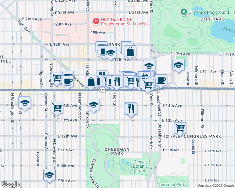 map of restaurants, bars, coffee shops, grocery stores, and more near 1457 Race Street in Denver