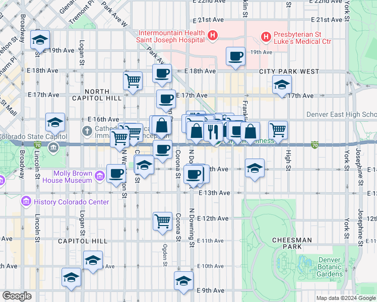 map of restaurants, bars, coffee shops, grocery stores, and more near 1125 East Colfax Avenue in Denver