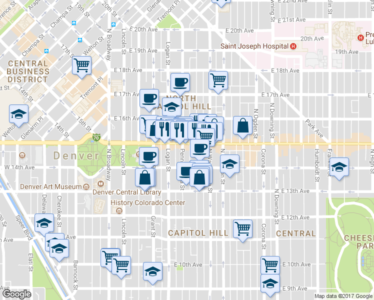 map of restaurants, bars, coffee shops, grocery stores, and more near in Denver