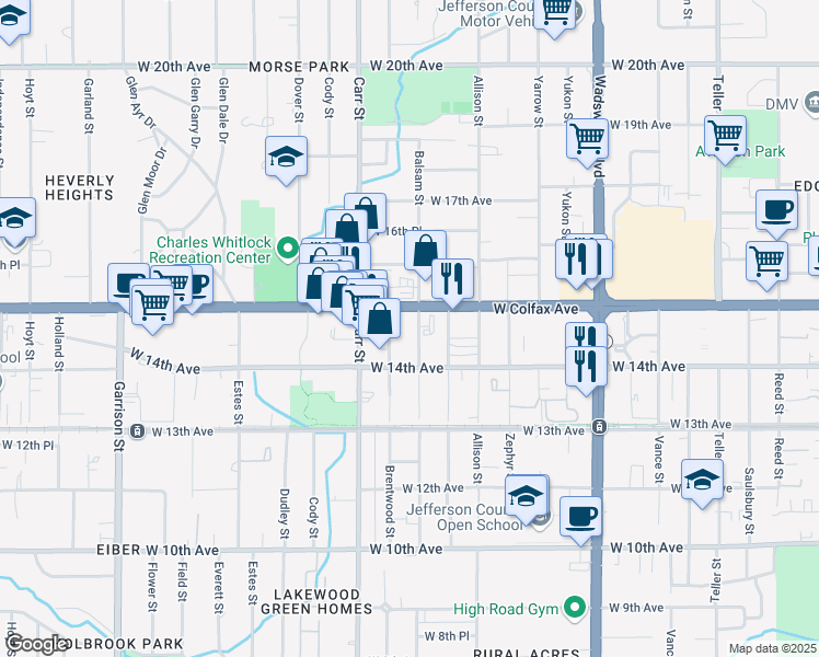 map of restaurants, bars, coffee shops, grocery stores, and more near 1495 Balsam Street in Lakewood
