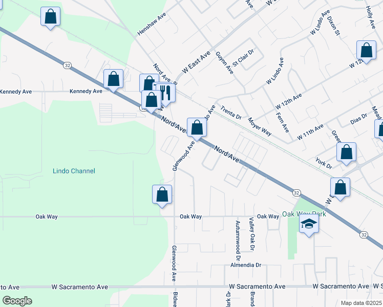 map of restaurants, bars, coffee shops, grocery stores, and more near 1409 Glenwood Avenue in Chico