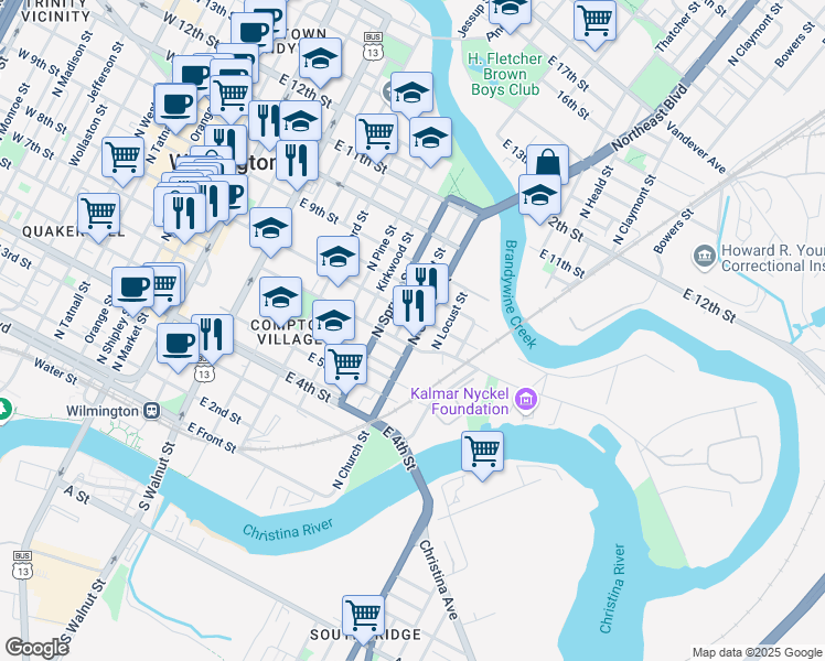 map of restaurants, bars, coffee shops, grocery stores, and more near 721 East 7th Street in Wilmington