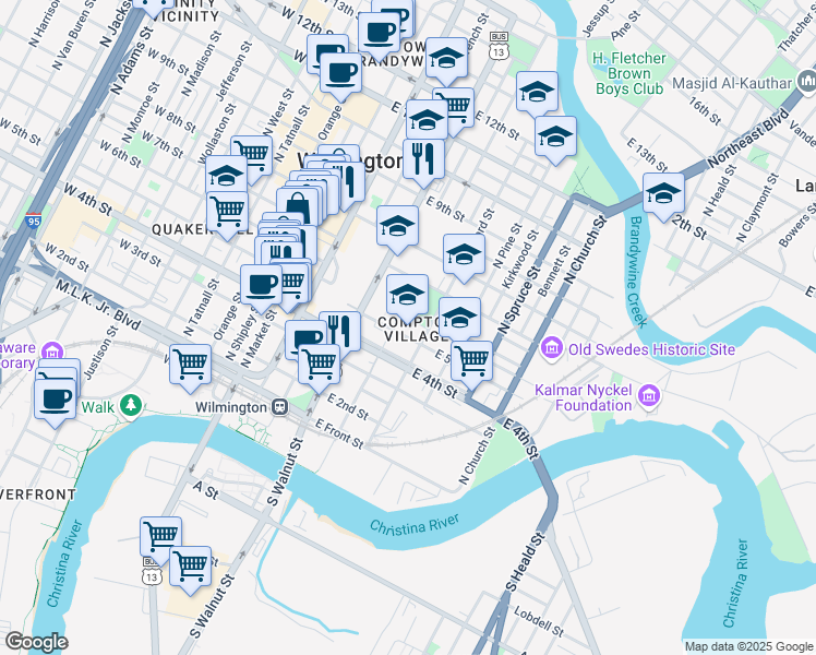 map of restaurants, bars, coffee shops, grocery stores, and more near in Wilmington