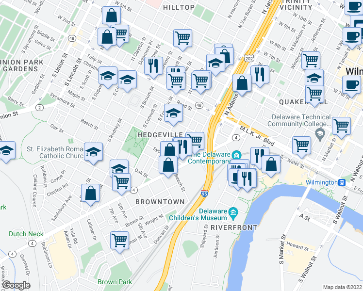 map of restaurants, bars, coffee shops, grocery stores, and more near 429 South Van Buren Street in Wilmington