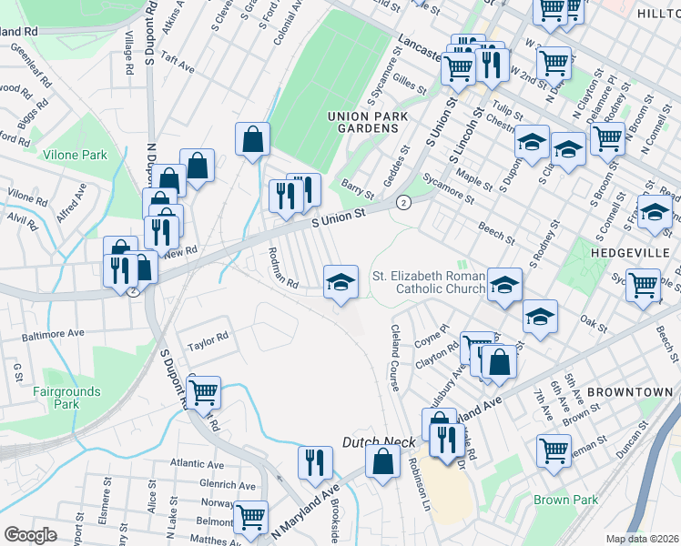 map of restaurants, bars, coffee shops, grocery stores, and more near 1907 Prospect Road in Wilmington