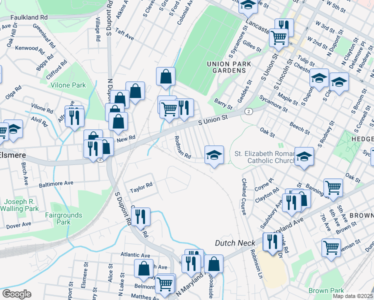 map of restaurants, bars, coffee shops, grocery stores, and more near 1910 Seneca Road in Wilmington