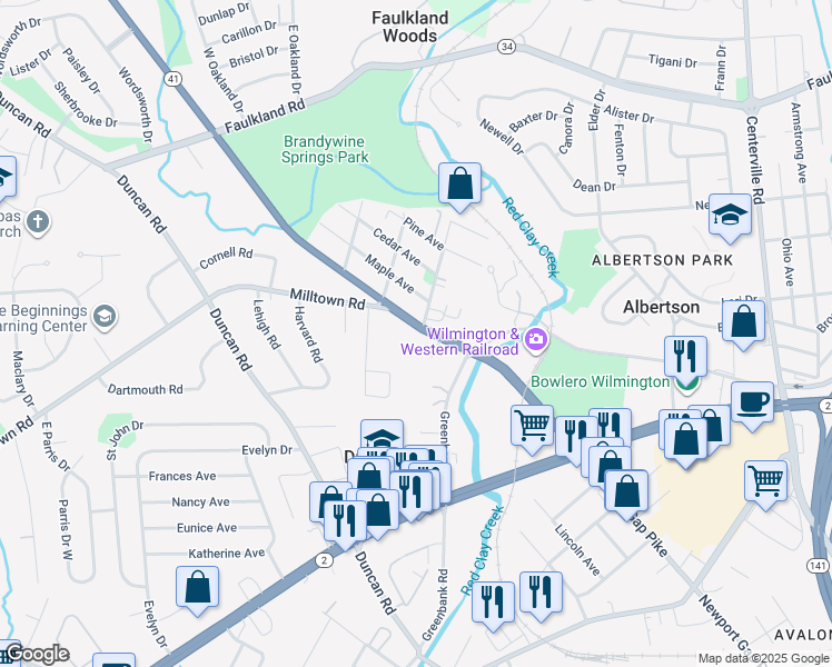 map of restaurants, bars, coffee shops, grocery stores, and more near 2404 Newport Gap Pike in Wilmington