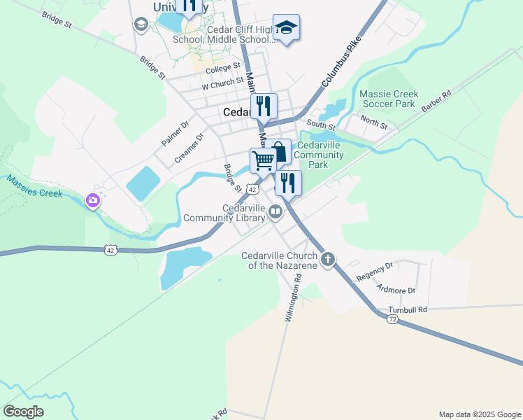 map of restaurants, bars, coffee shops, grocery stores, and more near 7 North Miller Street in Cedarville