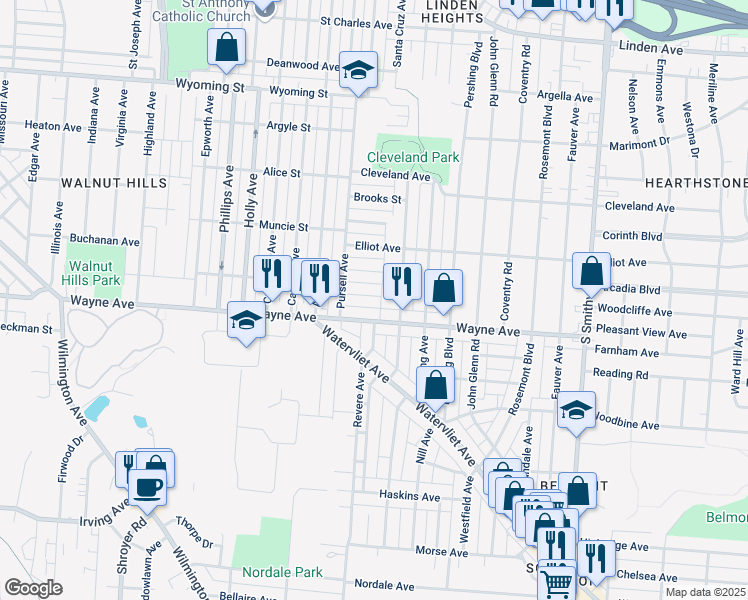 map of restaurants, bars, coffee shops, grocery stores, and more near 3122 Hassler Street in Dayton