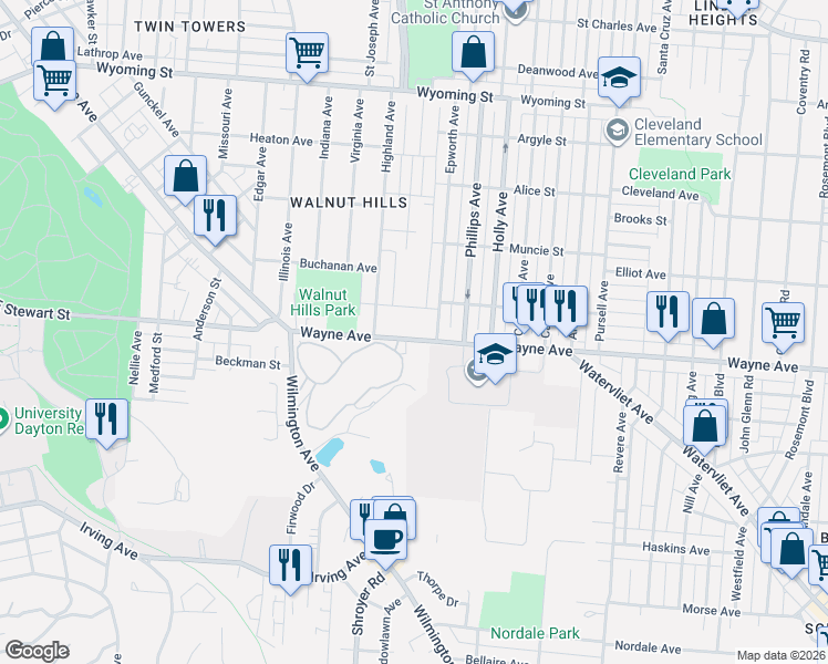 map of restaurants, bars, coffee shops, grocery stores, and more near 2456 Wayne Avenue in Dayton