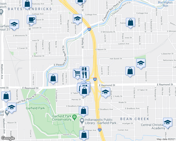 map of restaurants, bars, coffee shops, grocery stores, and more near 2032 South Olive Street in Indianapolis