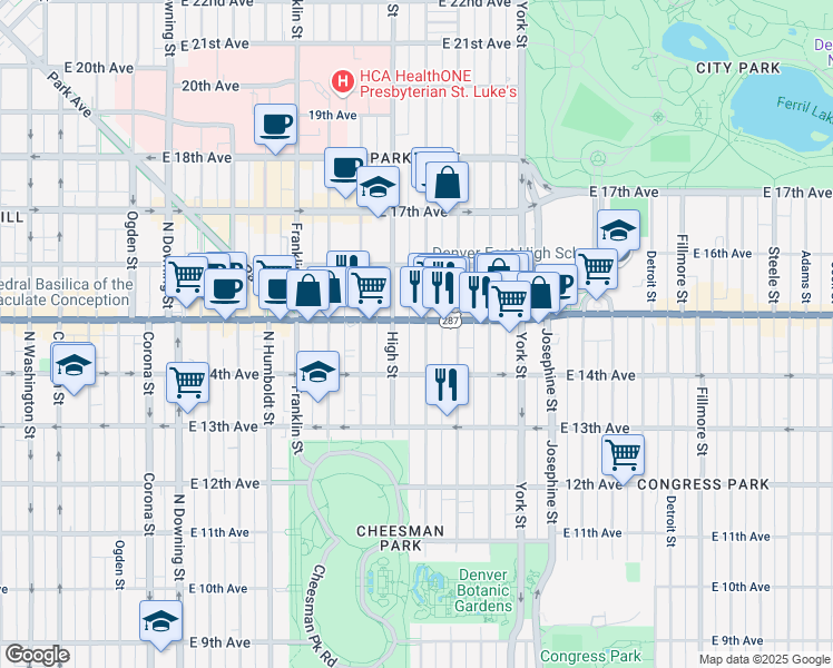 map of restaurants, bars, coffee shops, grocery stores, and more near 1457 Race Street in Denver