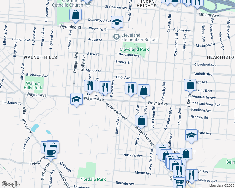 map of restaurants, bars, coffee shops, grocery stores, and more near 3122 Hassler Street in Dayton