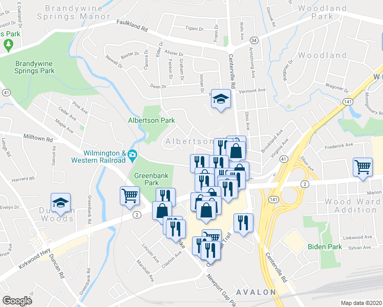 map of restaurants, bars, coffee shops, grocery stores, and more near 7 Albertson Boulevard in Wilmington