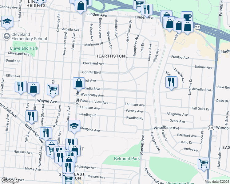 map of restaurants, bars, coffee shops, grocery stores, and more near 4256 Arcadia Boulevard in Dayton