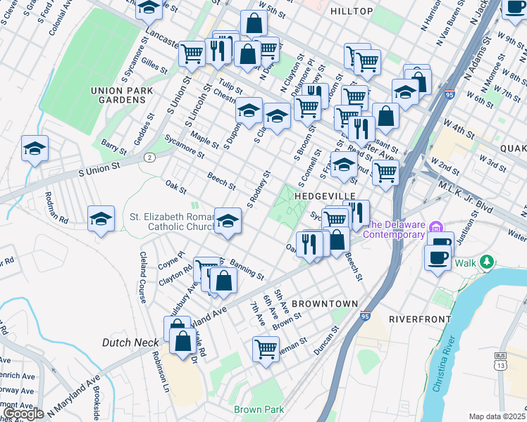map of restaurants, bars, coffee shops, grocery stores, and more near 705 South Broom Street in Wilmington