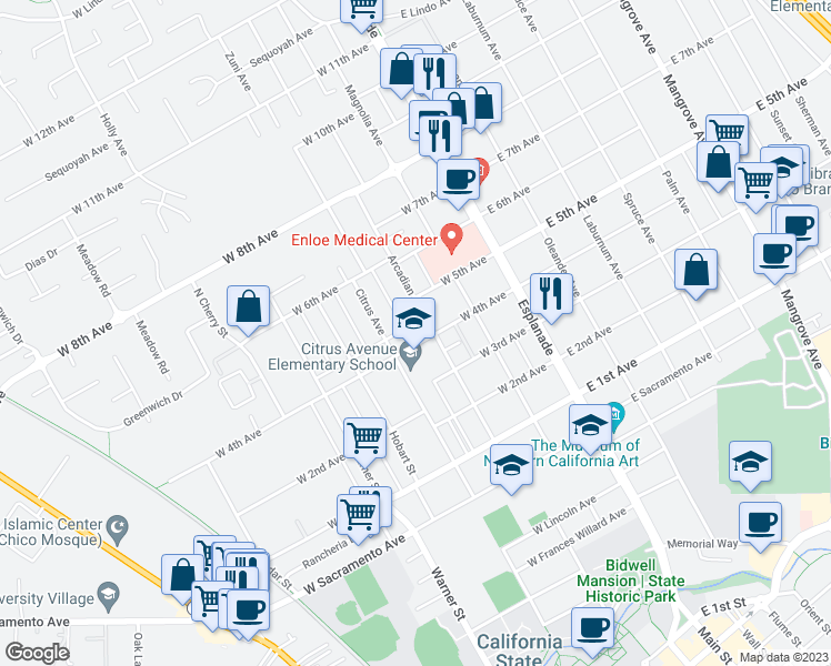 map of restaurants, bars, coffee shops, grocery stores, and more near 316 West 4th Avenue in Chico