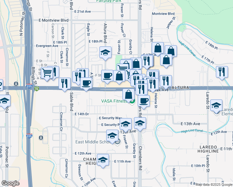 map of restaurants, bars, coffee shops, grocery stores, and more near 15070-15200 E Colfax Ave in Aurora