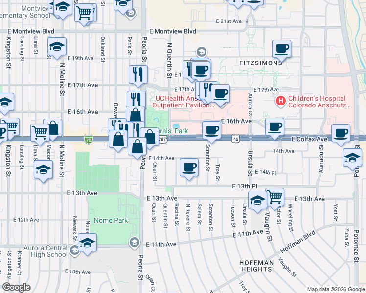 map of restaurants, bars, coffee shops, grocery stores, and more near 12400 East Colfax Avenue in Aurora