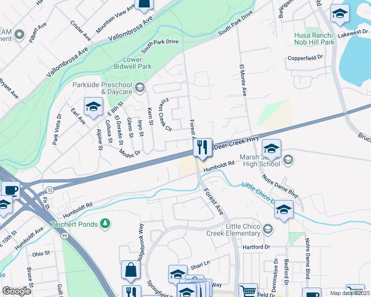 map of restaurants, bars, coffee shops, grocery stores, and more near 3 Greg Court in Chico