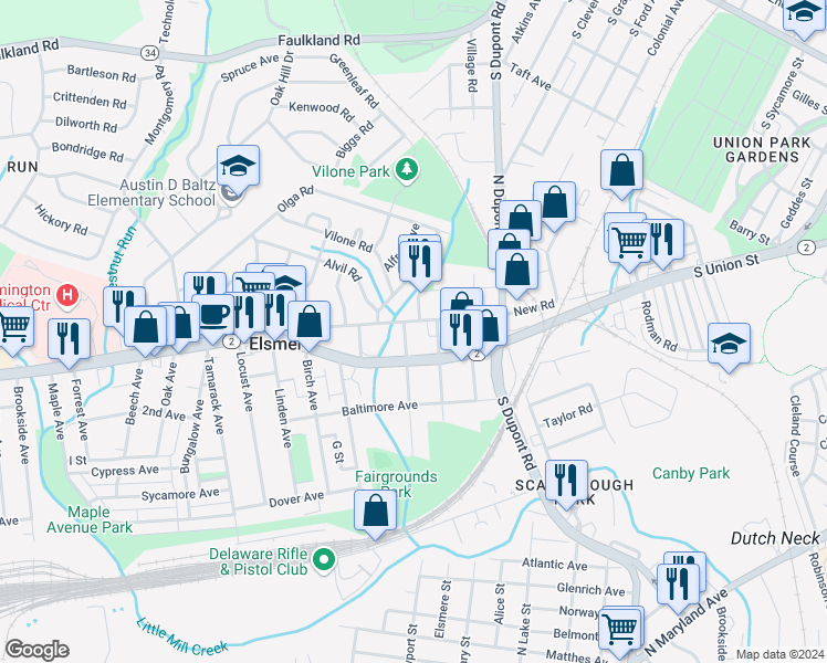 map of restaurants, bars, coffee shops, grocery stores, and more near 606 New Road in Wilmington