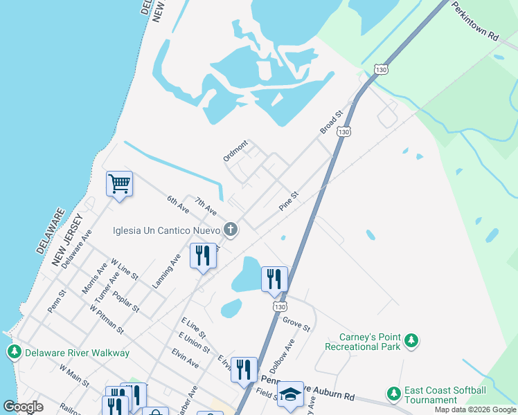 map of restaurants, bars, coffee shops, grocery stores, and more near 259 Broad Street in Penns Grove