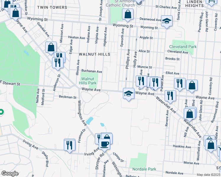 map of restaurants, bars, coffee shops, grocery stores, and more near 2416 Wayne Avenue in Dayton