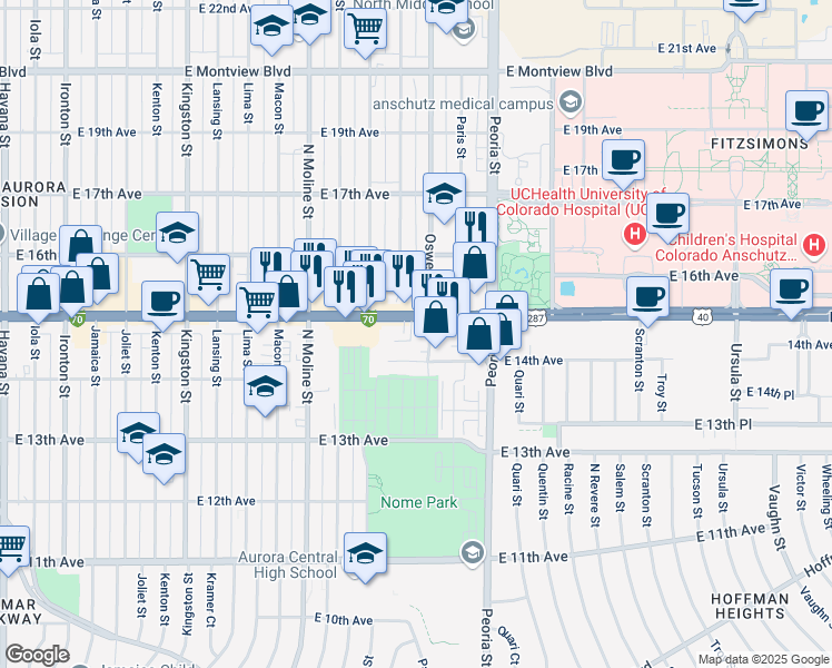 map of restaurants, bars, coffee shops, grocery stores, and more near 11818 East Colfax Avenue in Aurora