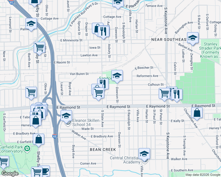 map of restaurants, bars, coffee shops, grocery stores, and more near 2020 Dawson Street in Indianapolis