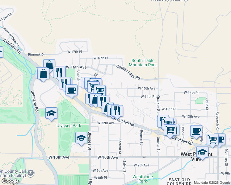 map of restaurants, bars, coffee shops, grocery stores, and more near 16880 West 14th Place in Golden