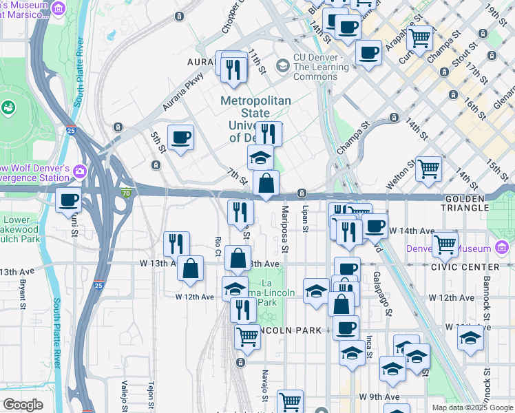 map of restaurants, bars, coffee shops, grocery stores, and more near 1350 West Colfax Avenue in Denver