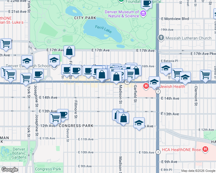 map of restaurants, bars, coffee shops, grocery stores, and more near 1461 Cook Street in Denver