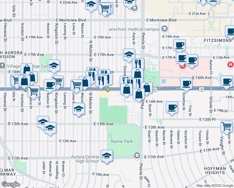 map of restaurants, bars, coffee shops, grocery stores, and more near 11818 East Colfax Avenue in Aurora