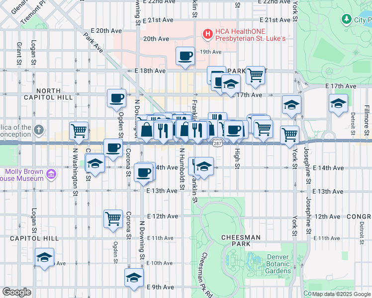 map of restaurants, bars, coffee shops, grocery stores, and more near 1480 Humboldt Street in Denver