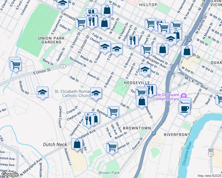 map of restaurants, bars, coffee shops, grocery stores, and more near 705 South Broom Street in Wilmington