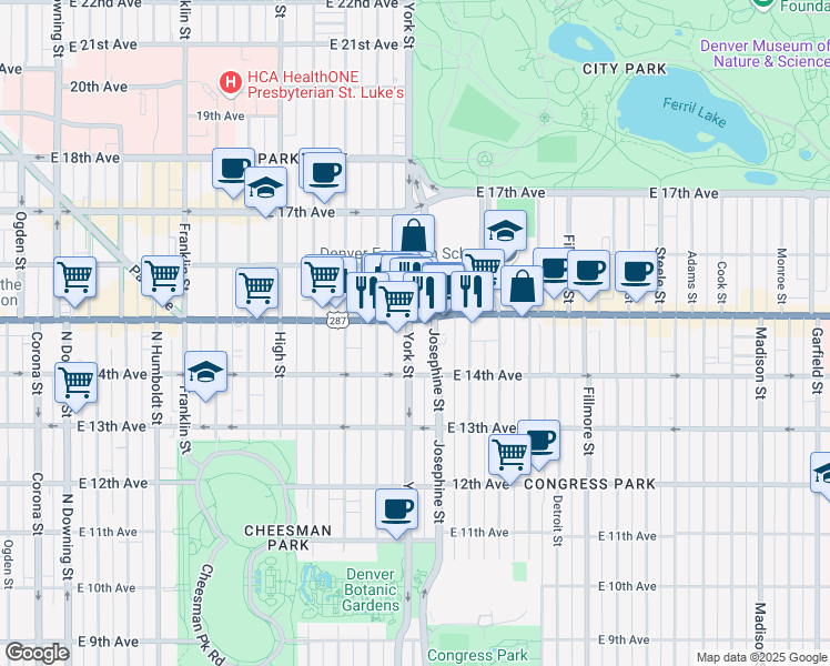 map of restaurants, bars, coffee shops, grocery stores, and more near 2310 East Colfax Avenue in Denver