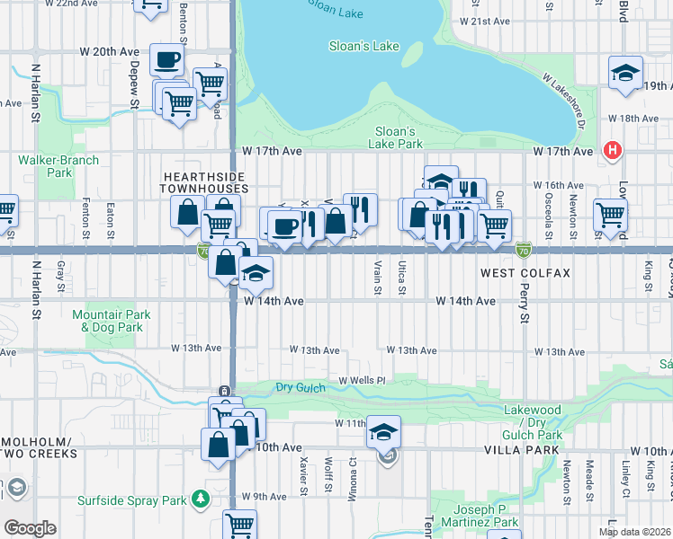 map of restaurants, bars, coffee shops, grocery stores, and more near 1461 Winona Court in Denver