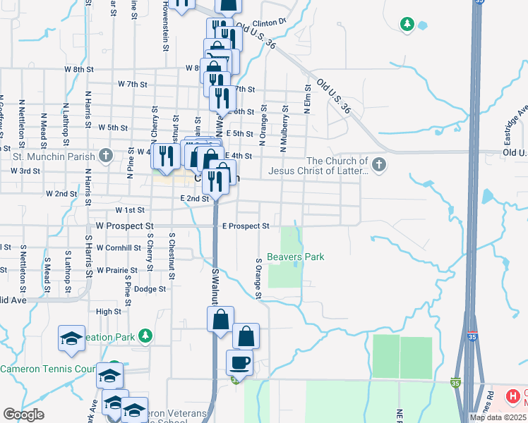 map of restaurants, bars, coffee shops, grocery stores, and more near 107 South Orange Street in Cameron